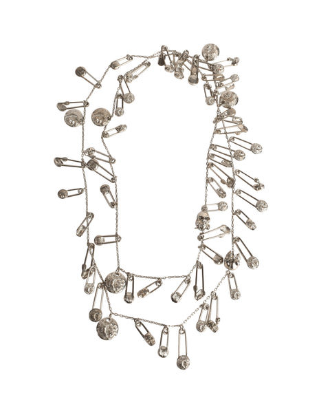 Versus Versace Vintage 1994 Skull and Lion Safety Pin Silver Charm Necklace