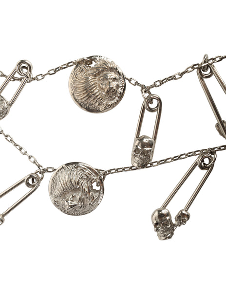 Versus Versace Vintage 1994 Skull and Lion Safety Pin Silver Charm Necklace
