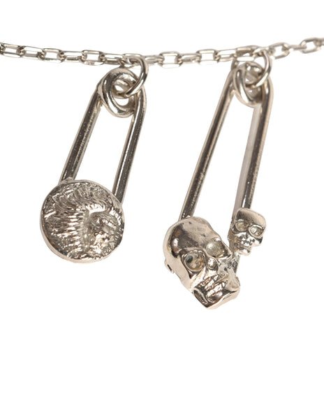 Versus Versace Vintage 1994 Skull and Lion Safety Pin Silver Charm Necklace