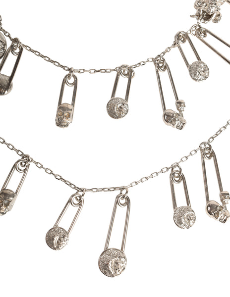 Versus Versace Vintage 1994 Skull and Lion Safety Pin Silver Charm Necklace