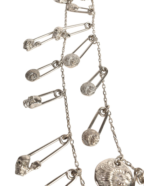 Versus Versace Vintage 1994 Skull and Lion Safety Pin Silver Charm Necklace
