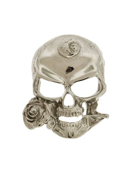 Versus Versace Vintage 1994 Silver Skull With Rose Large Brooch Pin