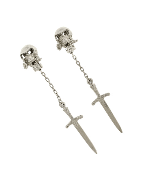 Versus Versace Vintage 1994 Silver Skull Rose Long Dangling Dagger Knife Earrings