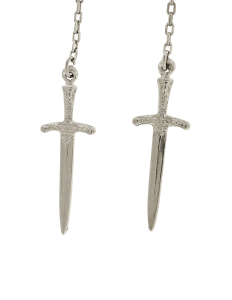 Versus Versace Vintage 1994 Silver Skull Rose Long Dangling Dagger Knife Earrings