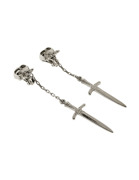 Versus Versace Vintage 1994 Silver Skull Rose Long Dangling Dagger Knife Earrings