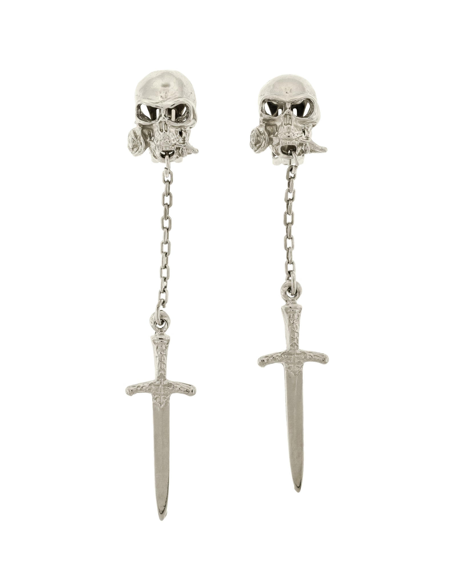 Versus Versace Vintage 1994 Silver Skull Rose Long Dangling Dagger Knife Earrings