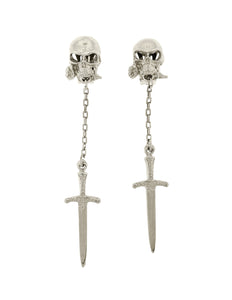 Versus Versace Vintage 1994 Silver Skull Rose Long Dangling Dagger Knife Earrings