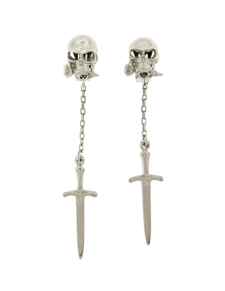 Versus Versace Vintage 1994 Silver Skull Rose Long Dangling Dagger Knife Earrings