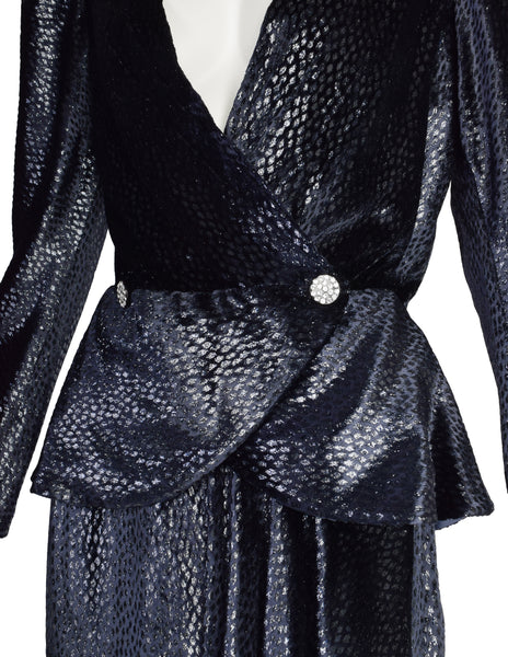 Vicky Tiel Vintage 1980s Midnight Blue Metallic Silk Velvet Wrap Blouse and Skirt Ensemble Set