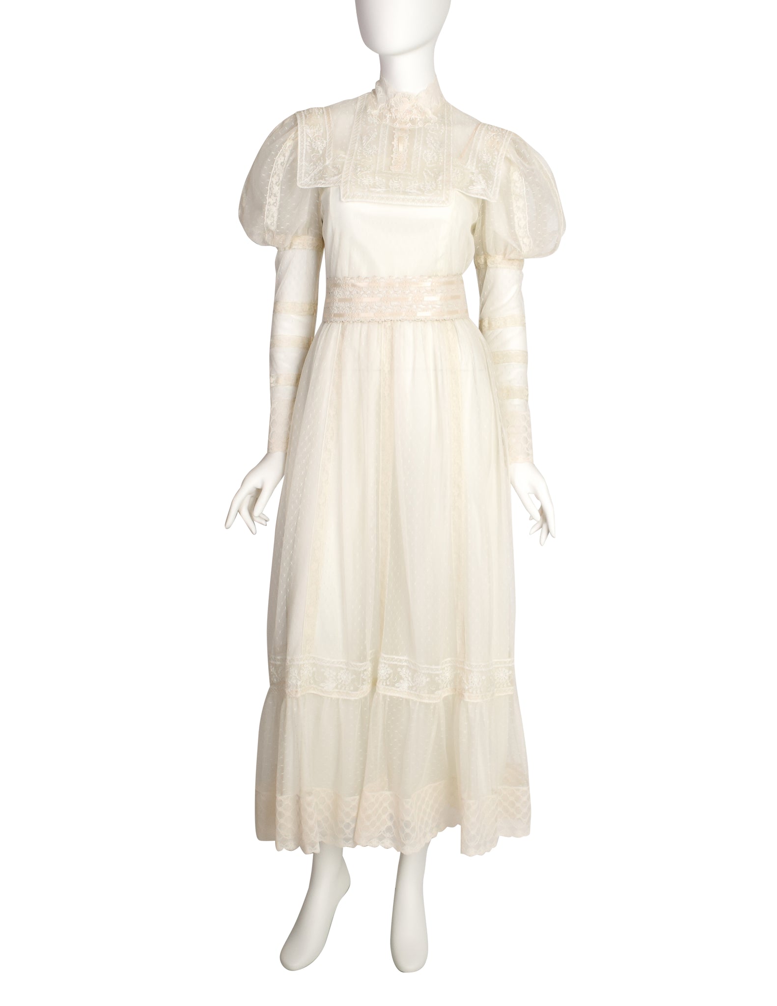 Victor Costa Vintage 1970s Cream Point D'Esprit Embroidered Lace Juliette Sleeve Gown Dress