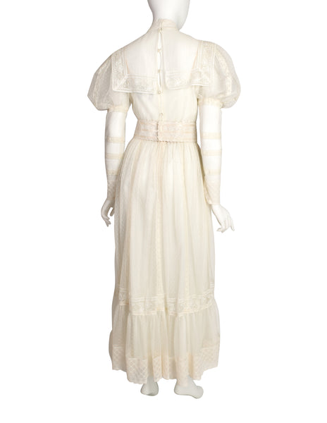 Victor Costa Vintage 1970s Cream Point D'Esprit Embroidered Lace Juliette Sleeve Gown Dress