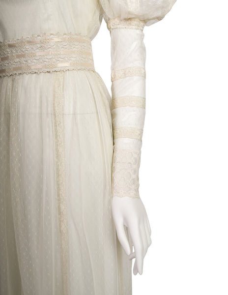 Victor Costa Vintage 1970s Cream Point D'Esprit Embroidered Lace Juliette Sleeve Gown Dress