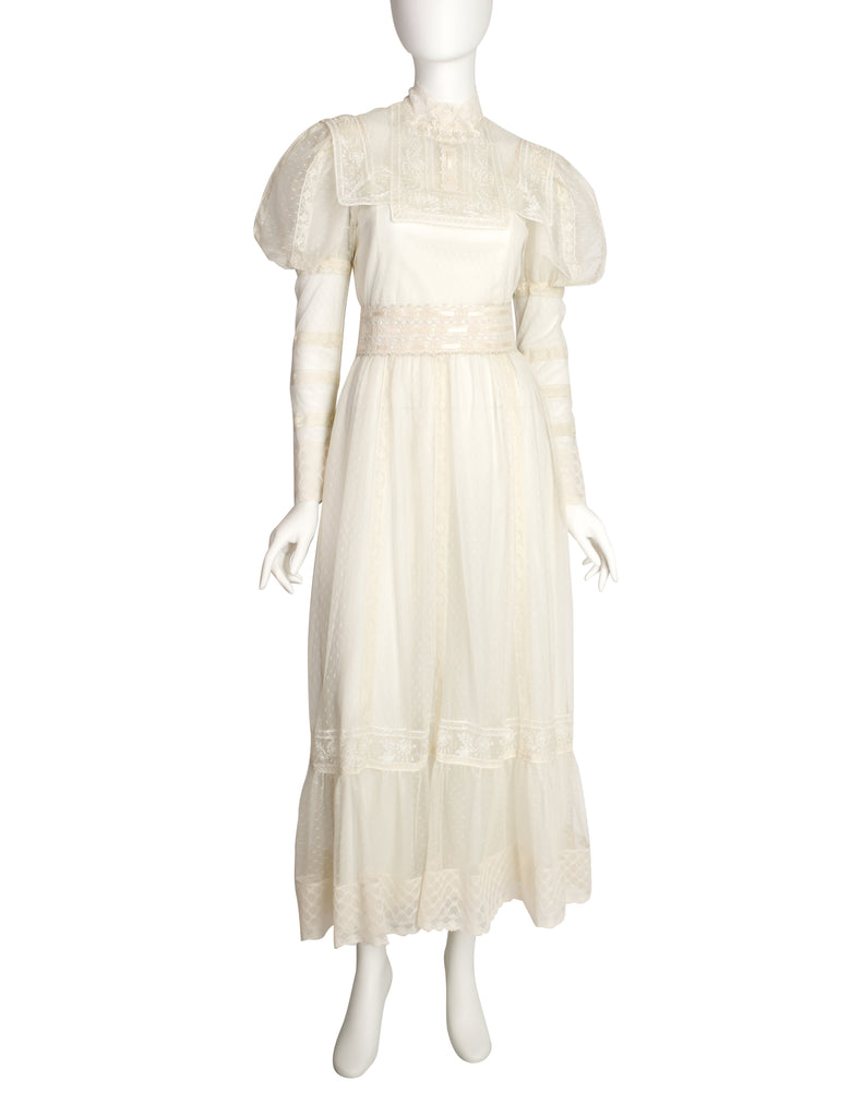 Victor Costa Vintage 1970s Cream Point D'Esprit Embroidered Lace Julie Amarcord Vintage Fashion Victor Costa Vintage 1970s Cream Point D'Esprit Embroidered Lace Julie Amarcord Vintage Fashion