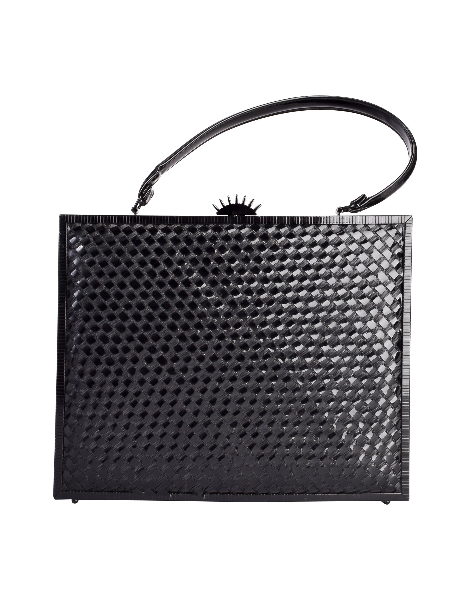 Lesco Lona Vintage 1960s Incredible Black Woven Patent Straw Metal Top Handle Bag