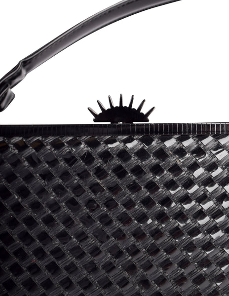 Lesco Lona Vintage 1960s Incredible Black Woven Patent Straw Metal Top Handle Bag