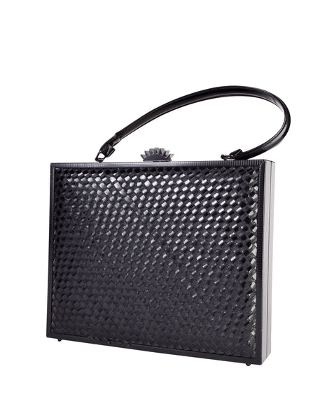 Lesco Lona Vintage 1960s Incredible Black Woven Patent Straw Metal Top Handle Bag