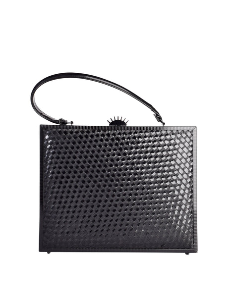 Lesco Lona Vintage 1960s Incredible Black Woven Patent Straw Metal Top Handle Bag