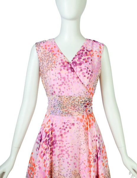 1960s Vintage Pink Watercolor Print Chiffon Full Skirt Gown Dress
