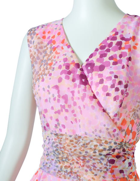1960s Vintage Pink Watercolor Print Chiffon Full Skirt Gown Dress