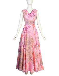 1960s Vintage Pink Watercolor Print Chiffon Full Skirt Gown Dress