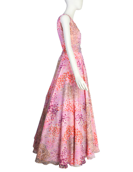 1960s Vintage Pink Watercolor Print Chiffon Full Skirt Gown Dress