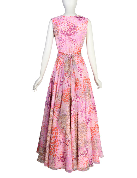 1960s Vintage Pink Watercolor Print Chiffon Full Skirt Gown Dress
