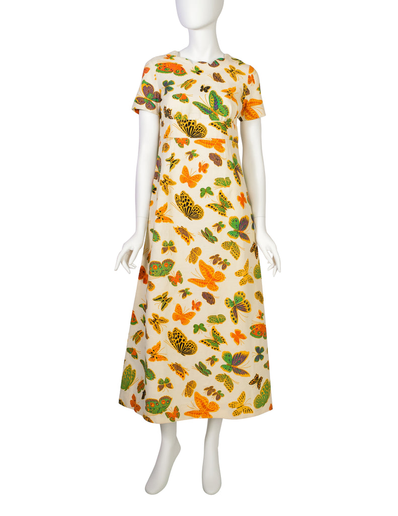 1960s Vintage Colorful Butterfly Print Empire Waist Maxi Dress Amarcord Vintage Fashion 1960s Vintage Colorful Butterfly Print Empire Waist Maxi Dress Amarcord Vintage Fashion