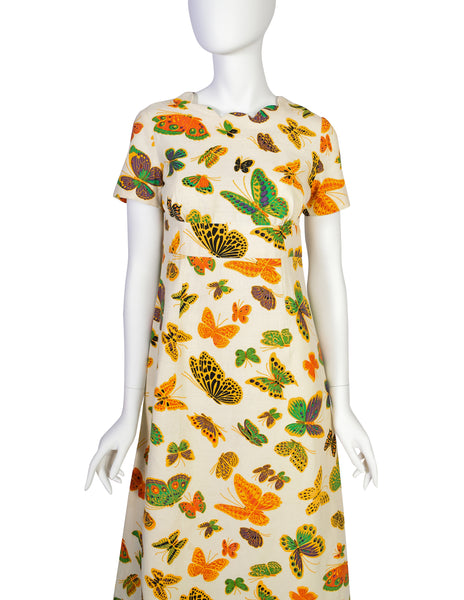 1960s Vintage Colorful Butterfly Print Empire Waist Maxi Dress