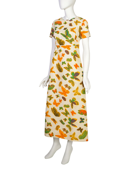 1960s Vintage Colorful Butterfly Print Empire Waist Maxi Dress