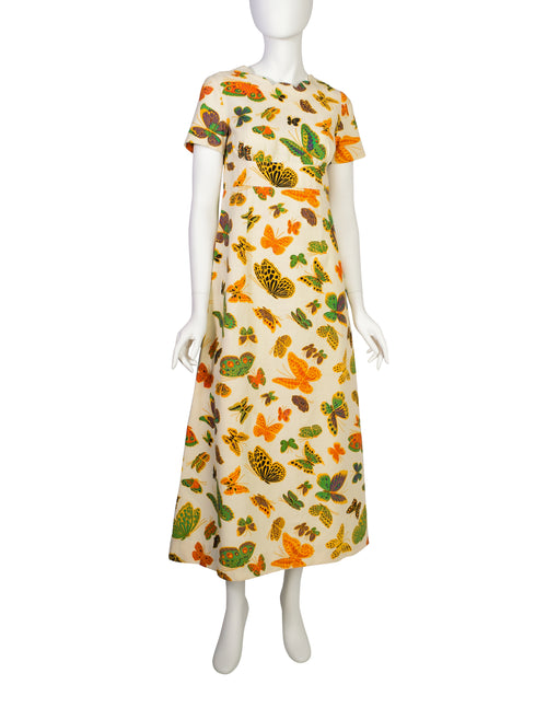 1960s Vintage Colorful Butterfly Print Empire Waist Maxi Dress Amarcord Vintage Fashion 1960s Vintage Colorful Butterfly Print Empire Waist Maxi Dress Amarcord Vintage Fashion