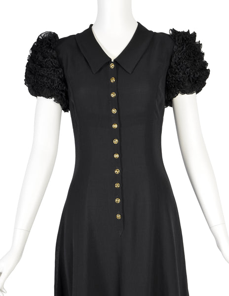Chanel Vintage 1994 Black Crepe Button Up Pleated Ruffle Sleeve Dress