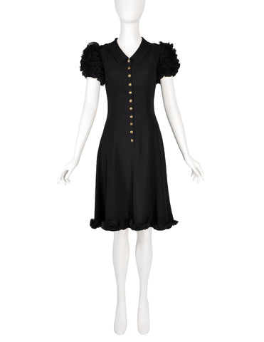 Chanel Vintage 1994 Black Crepe Button Up Pleated Ruffle Sleeve Dress