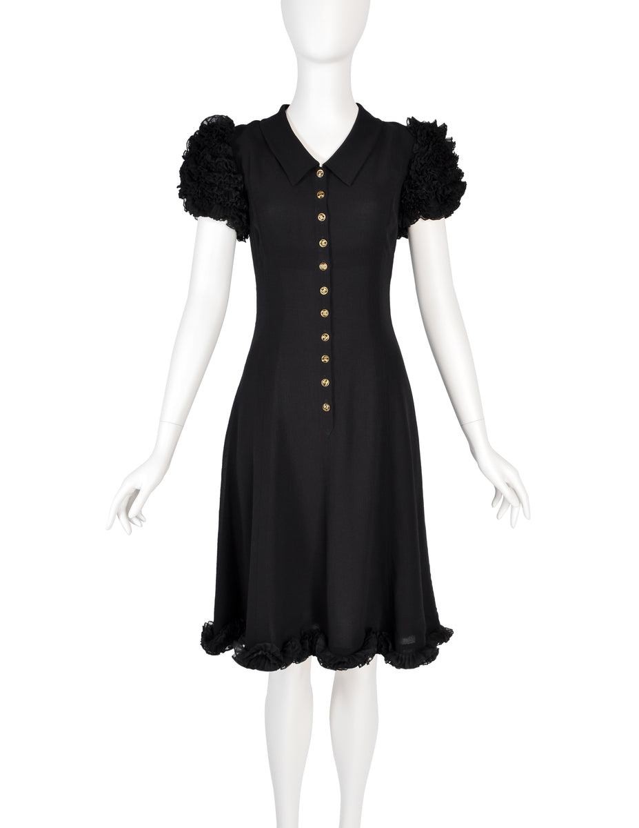 Chanel Vintage 1994 Black Crepe Button Up Pleated Ruffle Sleeve Dress –  Amarcord Vintage Fashion