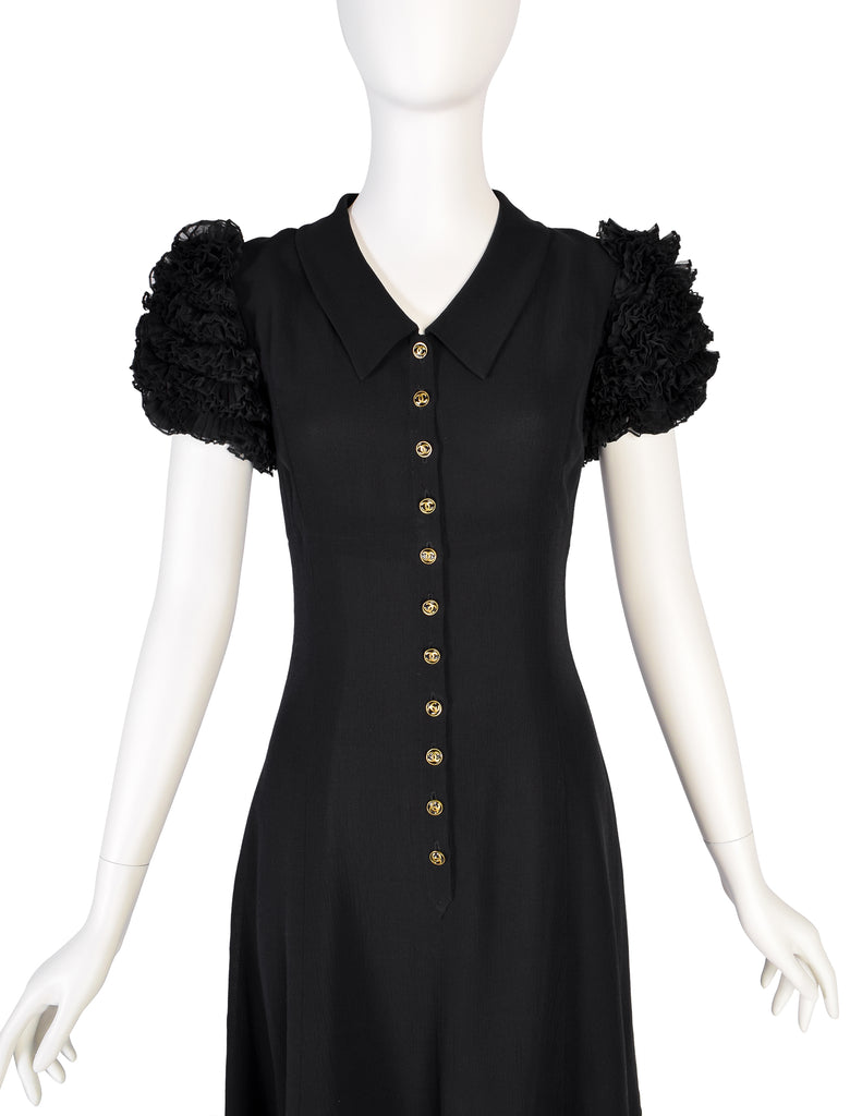 Bows Novelty Print Black Taffeta Late 1940s Dress | XS-S