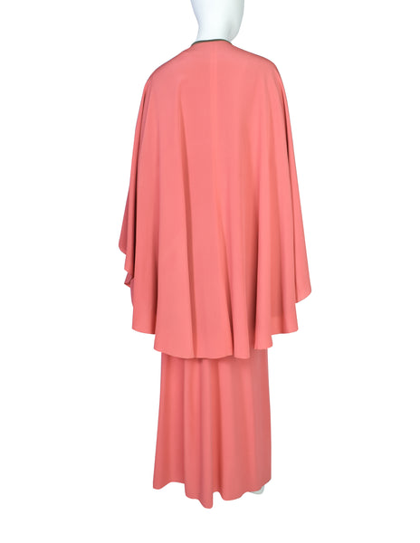 Chloe Vintage 1975 Coral Silk Crepe de Chine Dress and Shawl Cape Ensemble Set