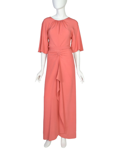 Chloe Vintage 1975 Coral Silk Crepe de Chine Dress and Shawl Cape Ensemble Set