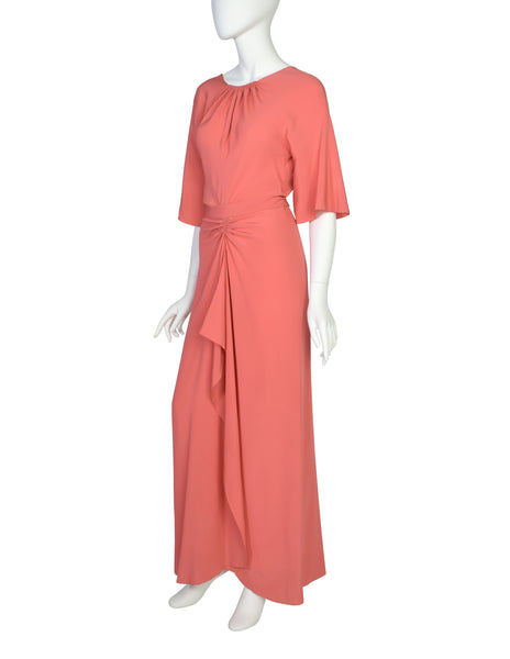 Chloe Vintage 1975 Coral Silk Crepe de Chine Dress and Shawl Cape Ensemble Set