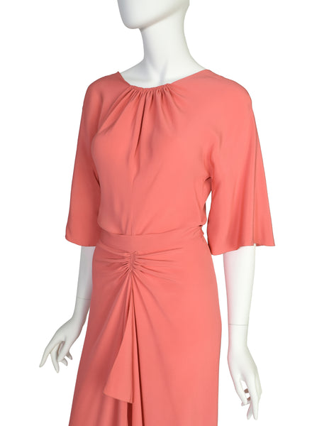 Chloe Vintage 1975 Coral Silk Crepe de Chine Dress and Shawl Cape Ensemble Set