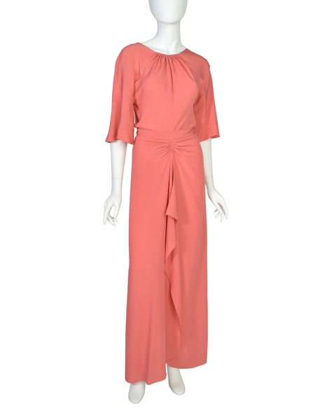 Chloe Vintage 1975 Coral Silk Crepe de Chine Dress and Shawl Cape Ensemble Set