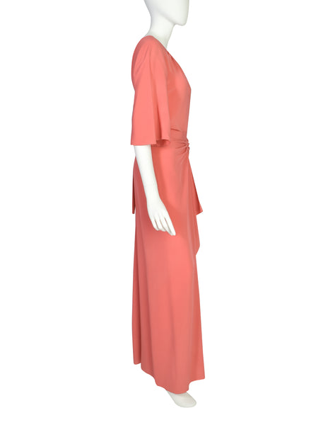 Chloe Vintage 1975 Coral Silk Crepe de Chine Dress and Shawl Cape Ensemble Set