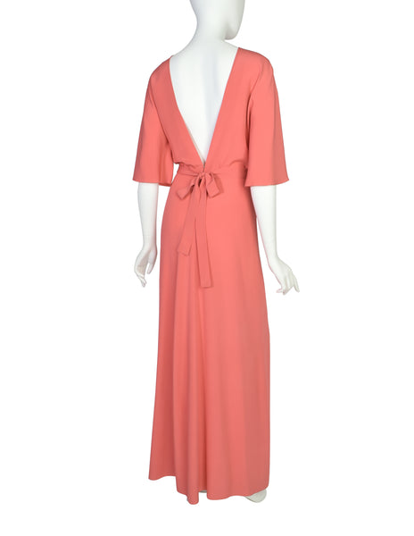Chloe Vintage 1975 Coral Silk Crepe de Chine Dress and Shawl Cape Ensemble Set
