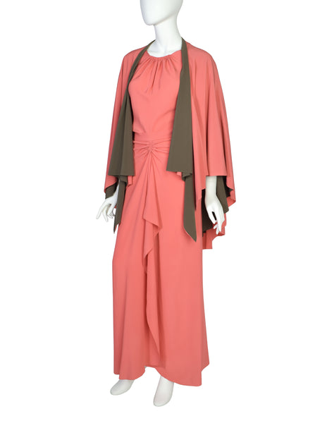 Chloe Vintage 1975 Coral Silk Crepe de Chine Dress and Shawl Cape Ensemble Set
