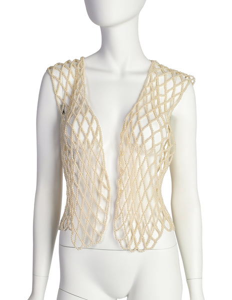 1980s Vintage Creamy Pearl Open Net Vest