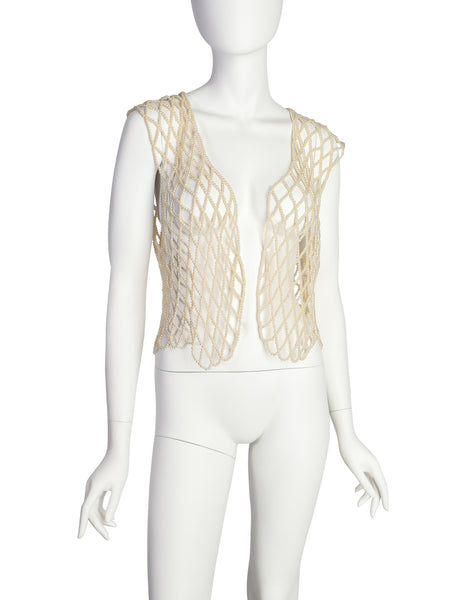 1980s Vintage Creamy Pearl Open Net Vest