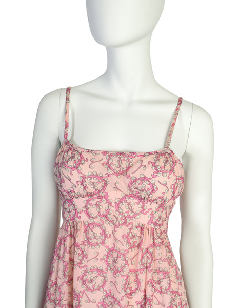 Pucci Vintage 1960s Baby Pink Lilly of the Valley Floral Print Silk Slip Dress and Jacket Ensemble Set