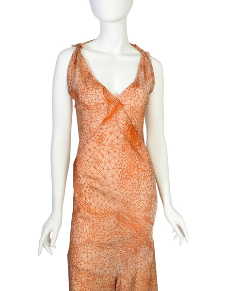Jean Paul Gaultier Vintage 2001 Orange Optic Constellation Graphic Face Print Maxi Dress