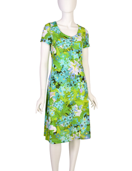 Ken Scott Vintage 1970s Vibrant Green Floral Print Mini Dress
