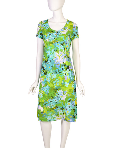 Ken Scott Vintage 1970s Vibrant Green Floral Print Mini Dress