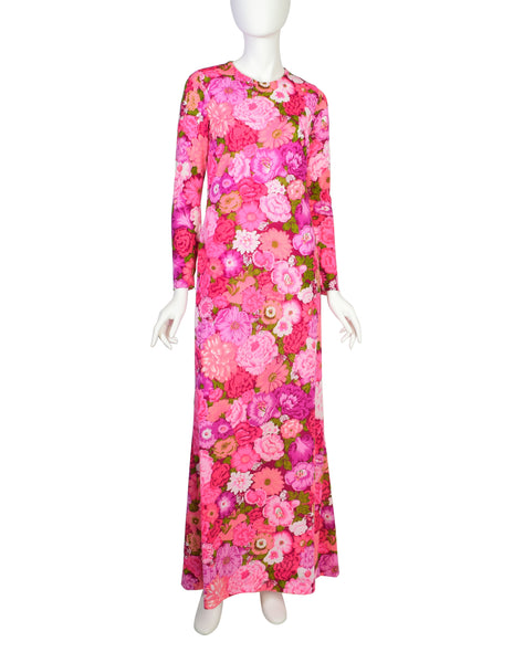 Ken Scott Vintage 1970s Hot Pink Floral Insect Print Maxi Dress