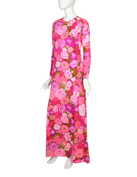 Ken Scott Vintage 1970s Hot Pink Floral Insect Print Maxi Dress
